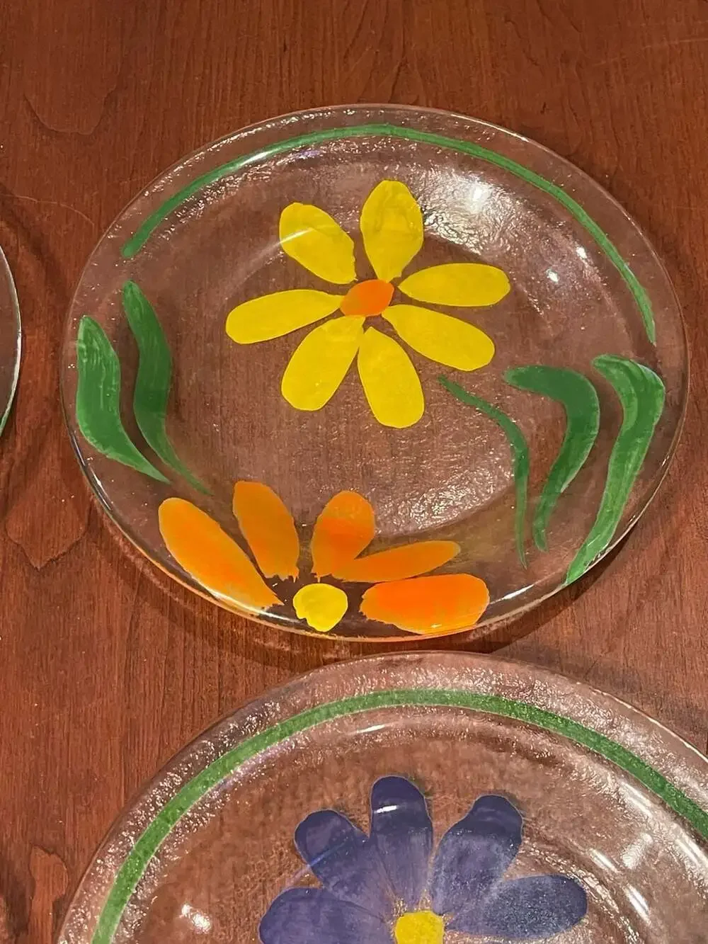 Set of 4 Hand-Painted Floral Textured Glass Salad Plates